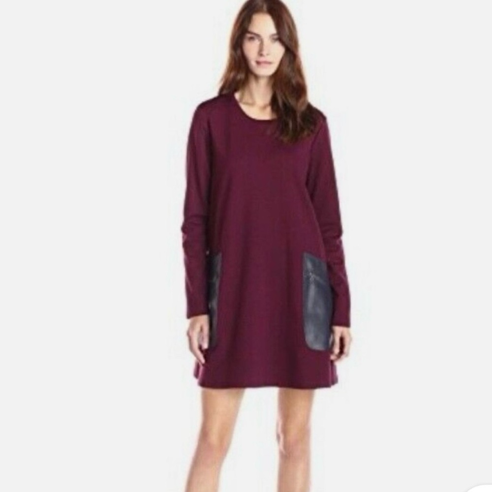 BCBGMaxAzria Burgundy Small Long Sleeve Dress with Black Faux Leather Pockets